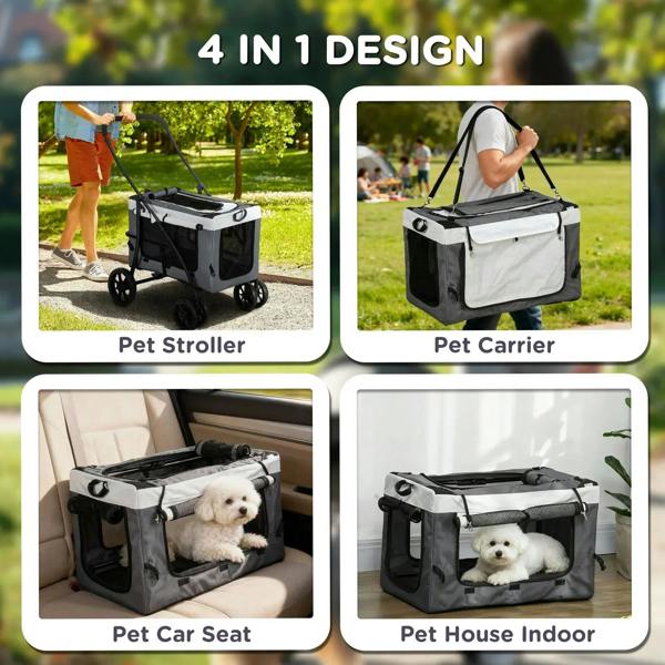4-in-1 pet travel set showing stroller, carrier, car seat, and indoor house