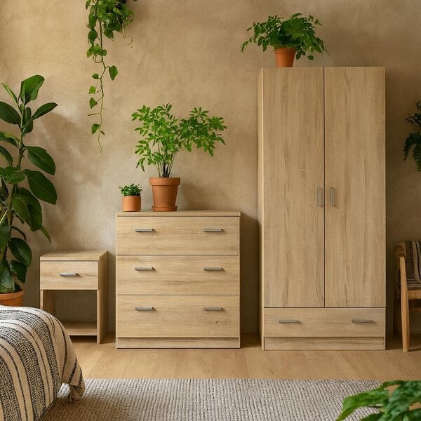 Wyld Haus Berlin Natural Bedroom Furniture Set with Bedside Chest of Drawers and Wardrobe