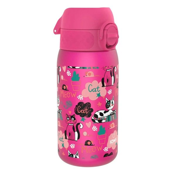 Pink water bottle displaying playful cartoon cats with hearts paw prints yarn balls and the words Cat and Meow amidst scattered flowers against a solid background