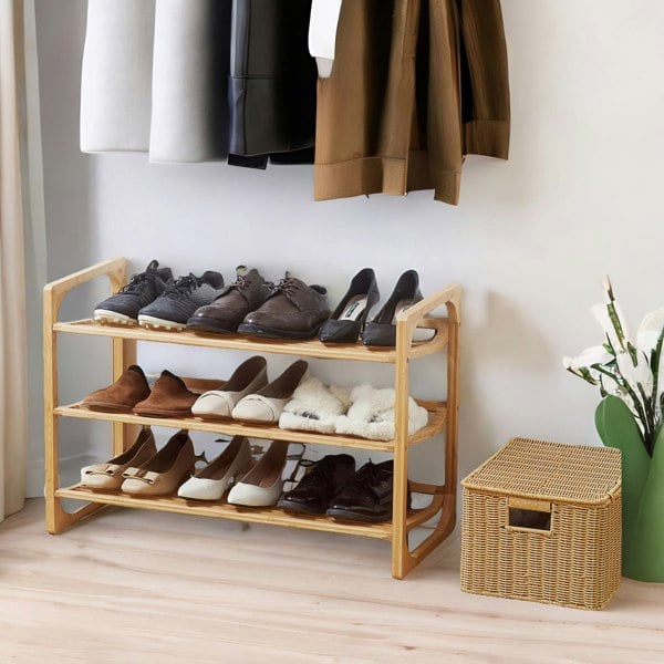 BMBO 3-Tier Wooden Shoe Rack With Sloped Shelves Natural Brown