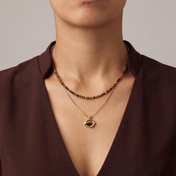 Uchi & Soto Nekomeishi Tiger's Eye Beads and Gold chain Pendant