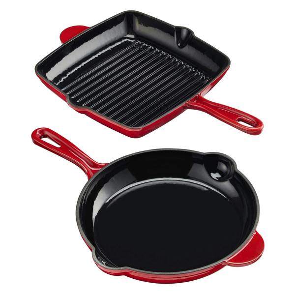 Cook Professional Cast Iron Frying Pan & Skillet 2 Piece Set | Red