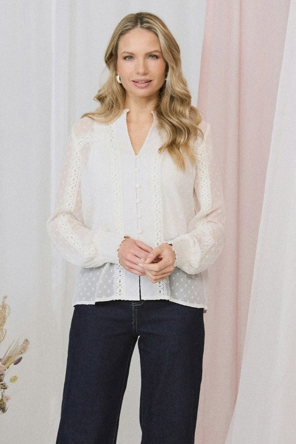 Ivory | Lace Trim High Neck Long Sleeve Blouse : Model is 5'10"/178 cm and wears UK10/EU38/US6/AUS10
