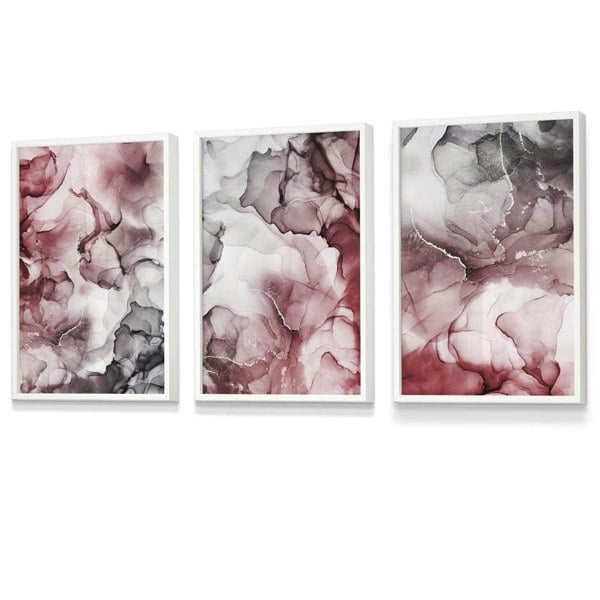 Set of 3 Abstract Floral Fluid in Red and Grey Framed Wall Art | Artze Wall Art UK