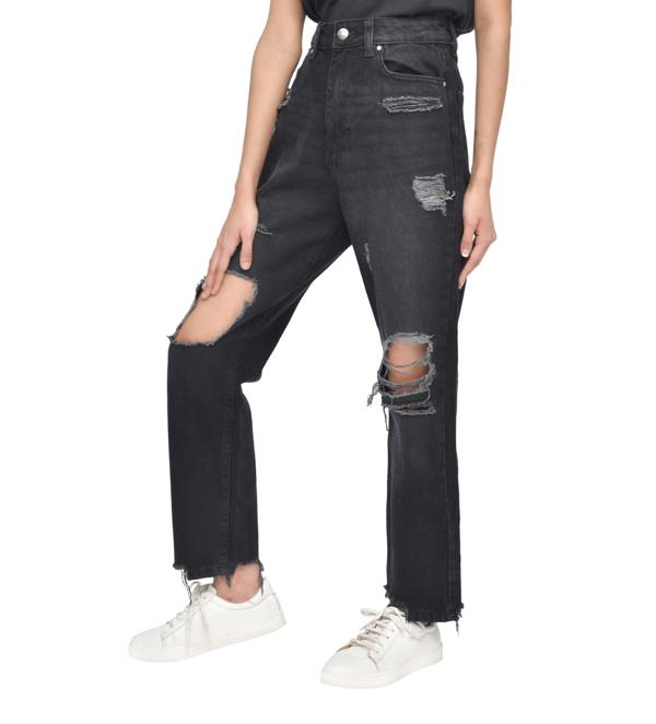 Smart Living Women's Casual Style High-Waist Torn Hem Rip Mom Jeans - Black