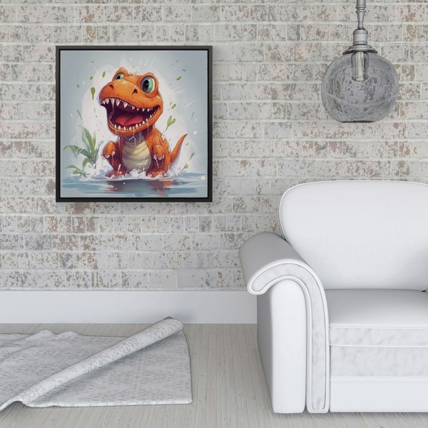 Warren Reed Dino Having A Splash Framed Canvas