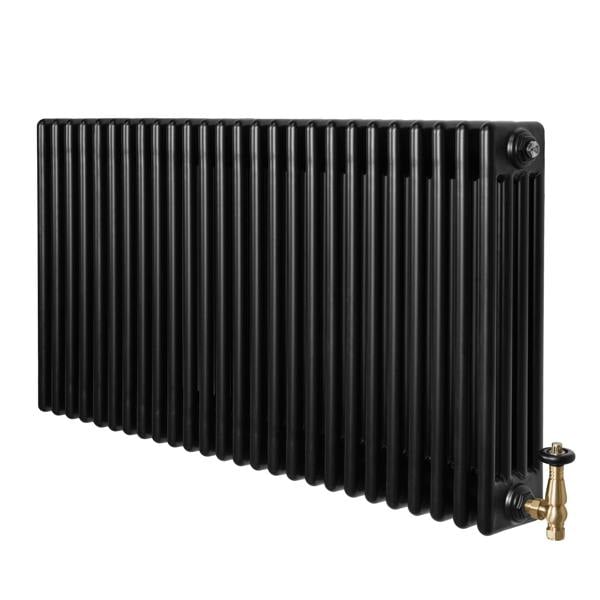 Traditional black 4 column radiator with a sleek, smooth finish and brass valves, measuring 600 x 1190mm for efficient heating