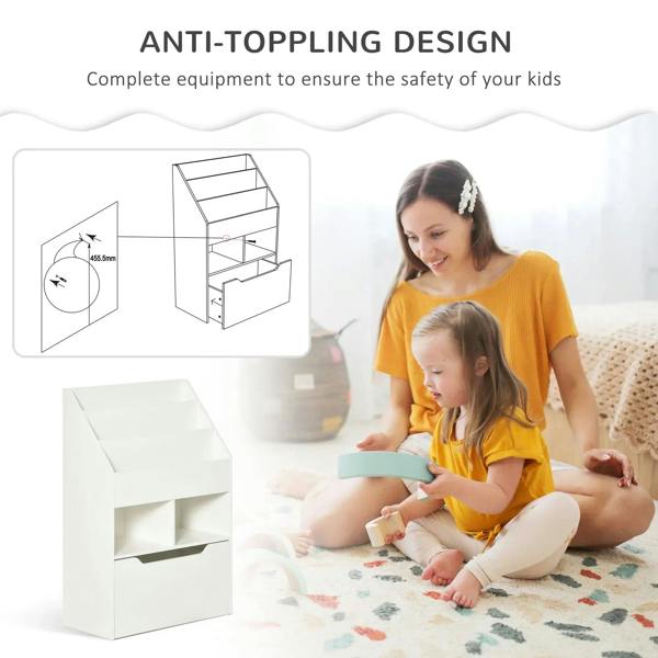 White kids bookshelf organizer with pull-out drawer and slanted top display surface