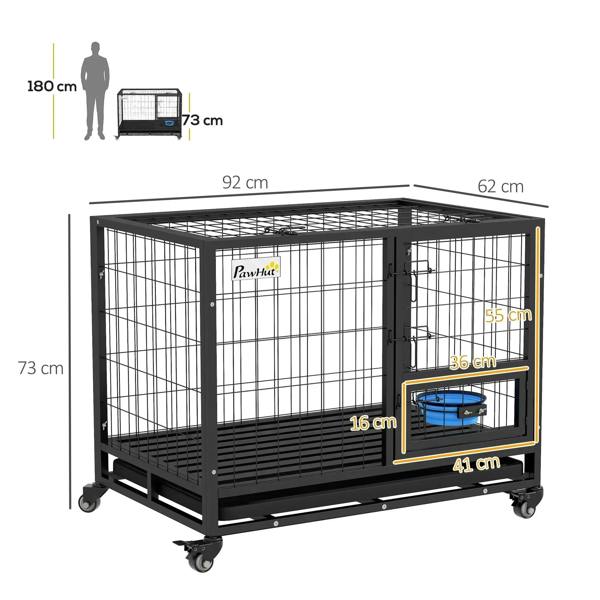 Black dog crate with openable door, blue bowl holder, and removable tray on casters
