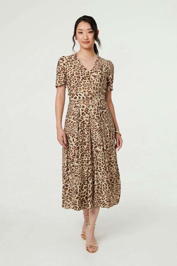 Brown | Animal Print Belt Detail Midi Dress
