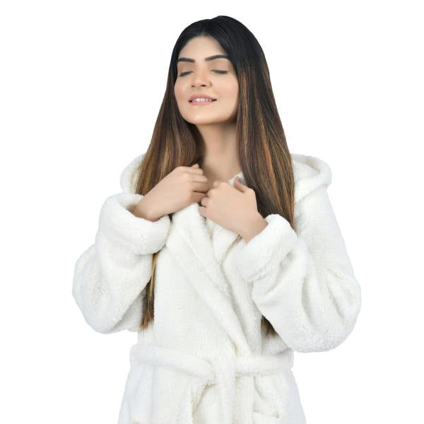 Smart Living Women's Faux Fur Fleece Hooded Bathrobe- Cream