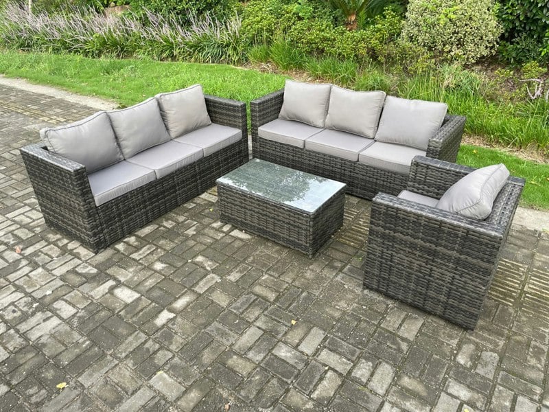 Fimous 7 Seater Rattan Garden Furniture Set Indoor Outdoor Patio Sofa Set with Oblong Coffee Table Armchair Dark Grey Mixed