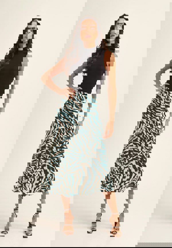 Gini London Green Animal Print Satin Bias Cut Midi Skirt