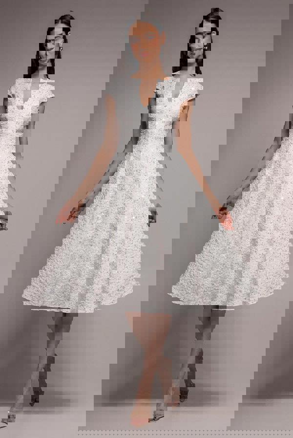 Bead Embellished Jacquard A Line Midi Dress - White DR4795