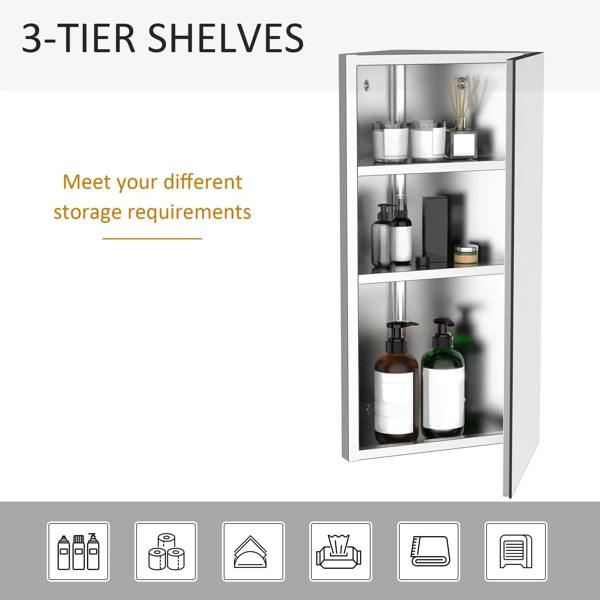 Stainless steel cabinet with mirrored door and three interior shelves