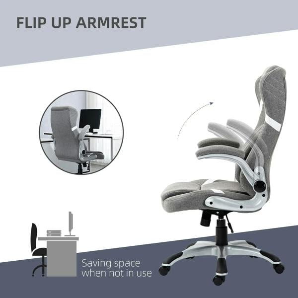 Grey linen-look office chair with flip-up armrest, padded seat, and caster base