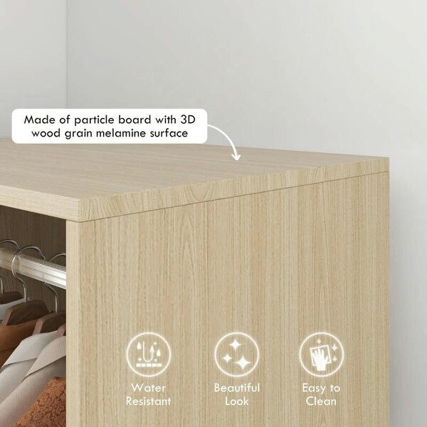 Open Wardrobe on Wheels, Bedroom Wardrobe with Clothes Hanging Rail, 2 Storage Shelves, Mobile Garment Rack for Cloakroom, Hallway, Natural