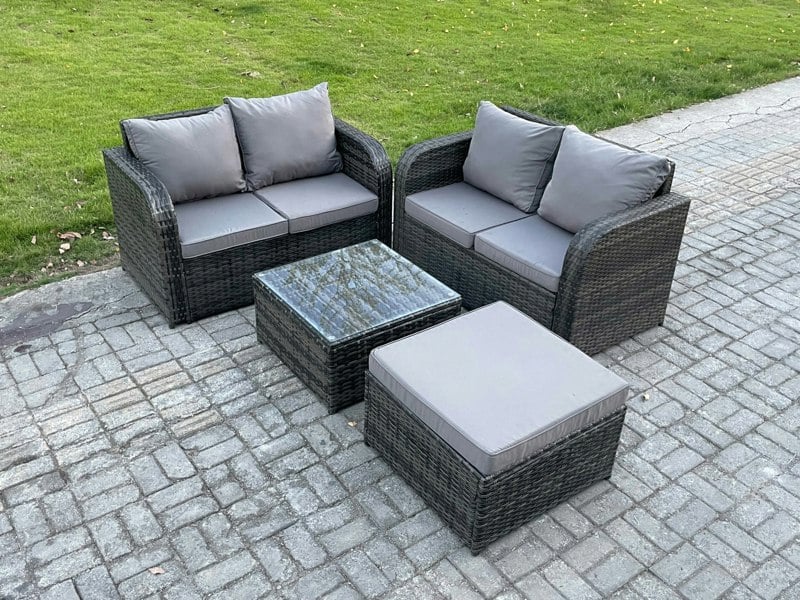 Fimous Rattan Sofa Set Outdoor Garden Furniture Set with Square Coffee Table Loveseat Sofa Big Footstool Dark Grey Mixed
