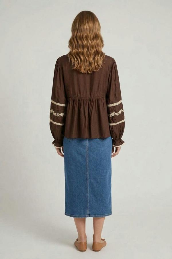Brown | Lace Trim Long Sleeve Pleated Blouse