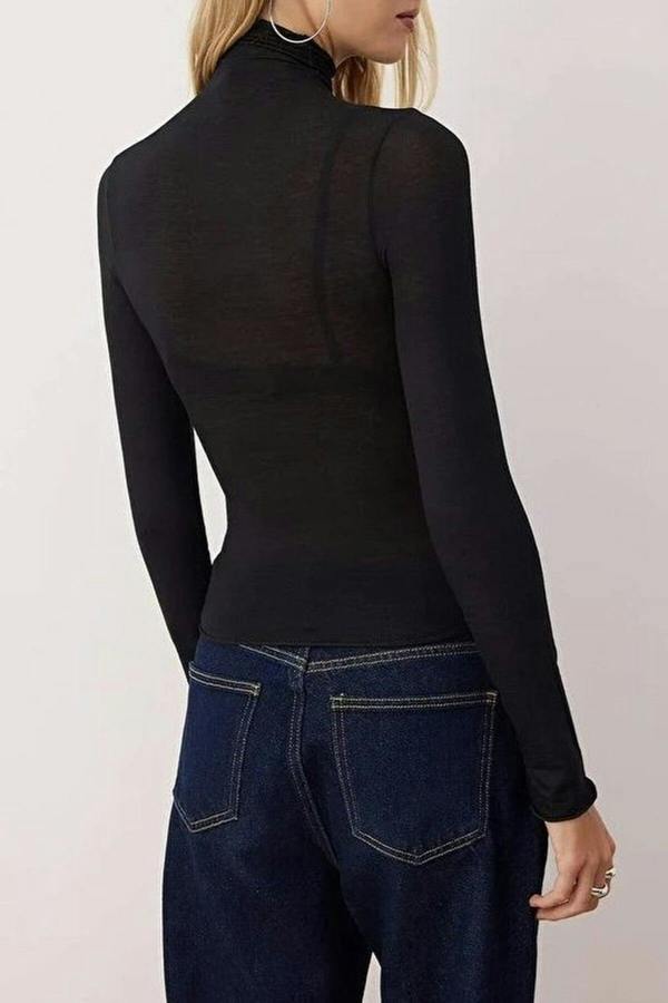 WOVCOR Transparent Stand Collar Flexible Regular Knit Blouse