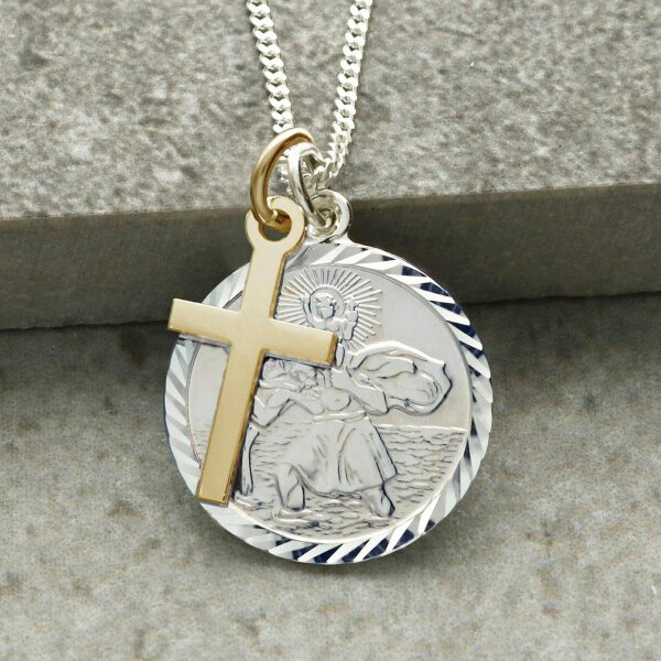Christopher James of London Sterling Silver Diamond Cut 19mm St Christopher Pendant With Optional Engraving and Chain