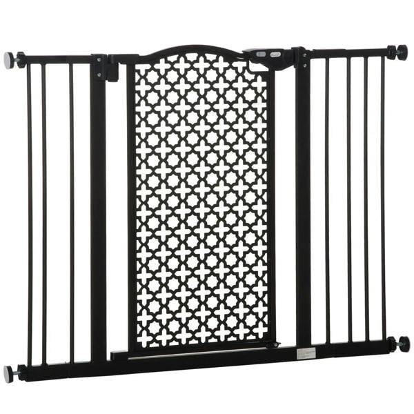 Black pet safety gate with white patterned mesh panel and vertical bars