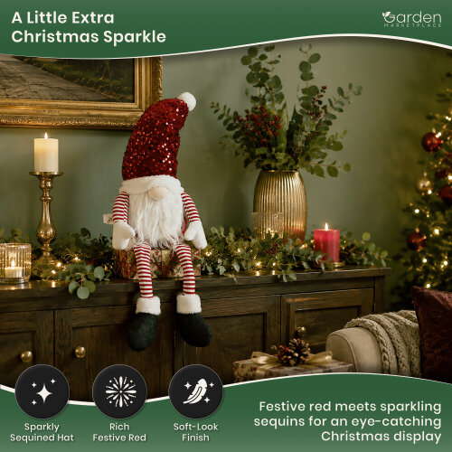 Large Red Glam Christmas Gonk Figure, 75cm Sitting Decoration with Sparkly Sequined Hat, Soft Polyester Indoor Ornament