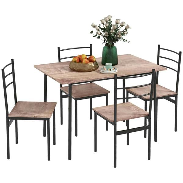 Dining table and 4 chairs set with black steel frames and wood-look tabletop