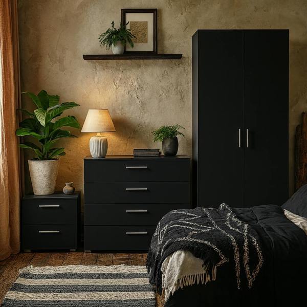 Wyld Haus Wilde Black Bedroom Furniture Set - Bedside 2 Drawers + Chest of 4 Drawers + Wardrobe 2 Doors