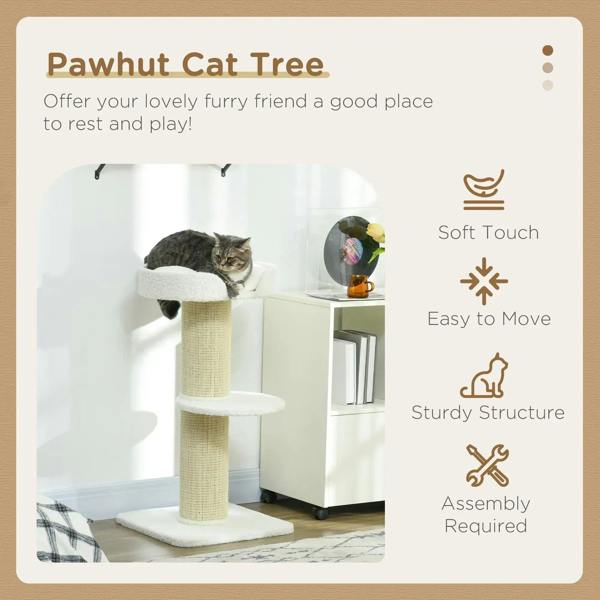 Cream sisal cat tree tower with stacked sherpa cushions in a product info panel