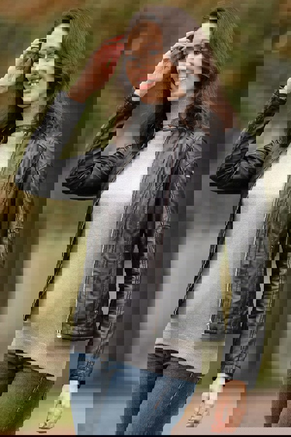 Monomoi Ladies Leather Fashion Biker Jacket Black: Victoria