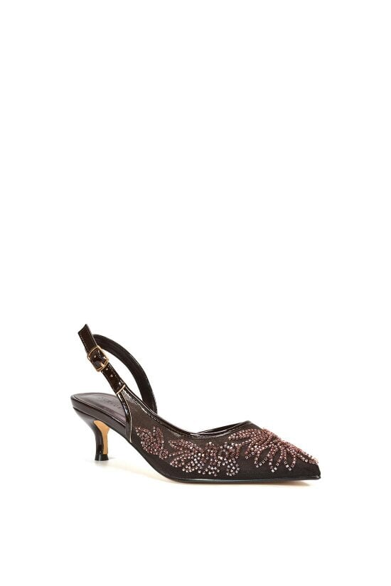 XY LONDON Embroidered Slingback Court Shoes With Kitten Heel