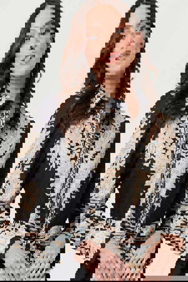 Black | Floral Border Tie Waist Midi Dress