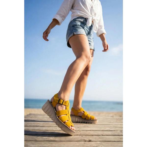Fly London BAIC621FLY - Women’s Yellow Leather Wedge Sandals