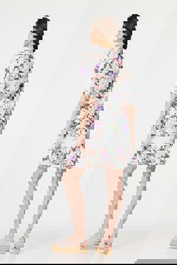 White | Leaf Print Lace Trim Short Dress