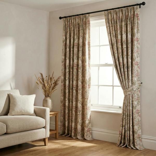 Woodland made-to-measure curtains in Rosemist, styled in a living room