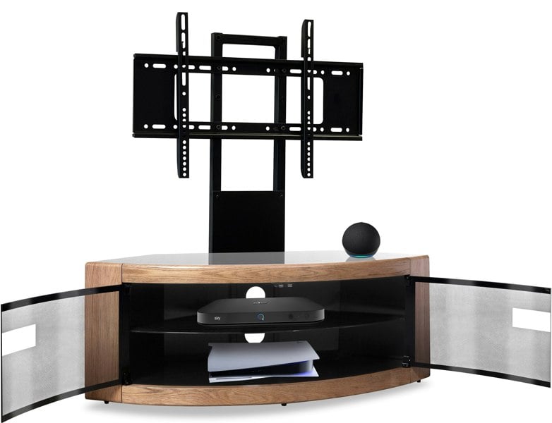 Centurion Supports PANGEA Black/Oak Beam-Thru Curved True-Corner 32"-50" TV Cabinet with Mounting Arm