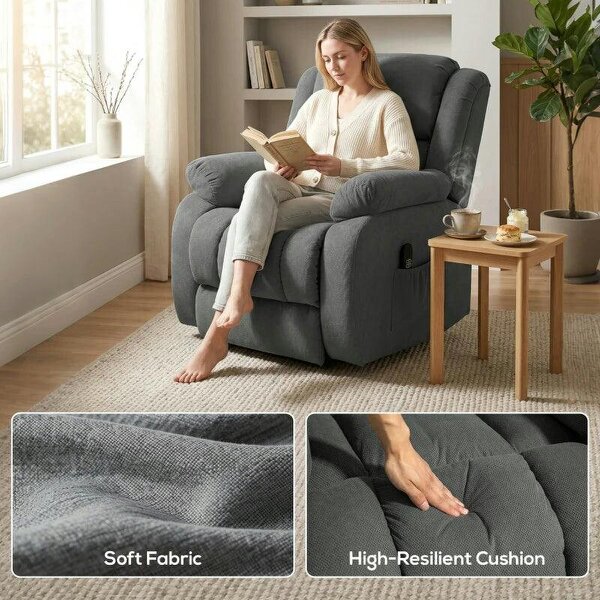 Recliner Armchair Lift Chair, Electric Recliner Chair with Vibration Massage and Heat, Wide Seat, USB Port, Grey