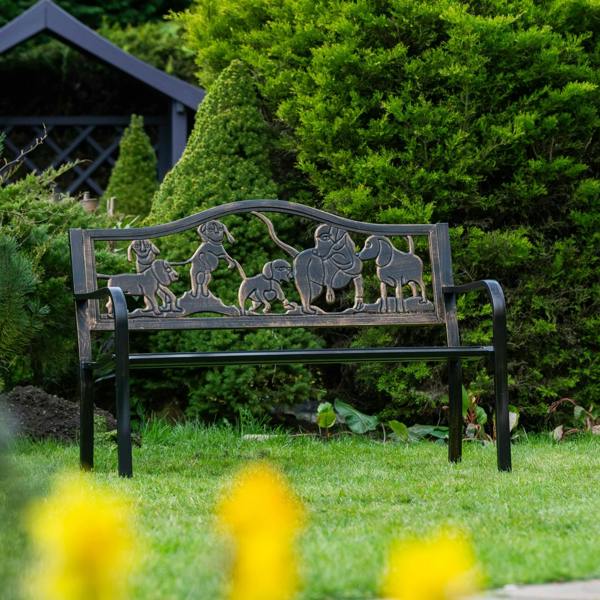 The Garden Marketplace Metal Garden Bench with Cast Iron Puppies Design Back Rest
