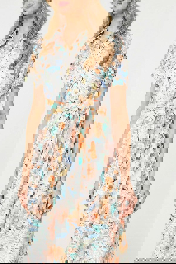 Orange | Floral Cut Out Tie Waist Midi Shirt Dress
