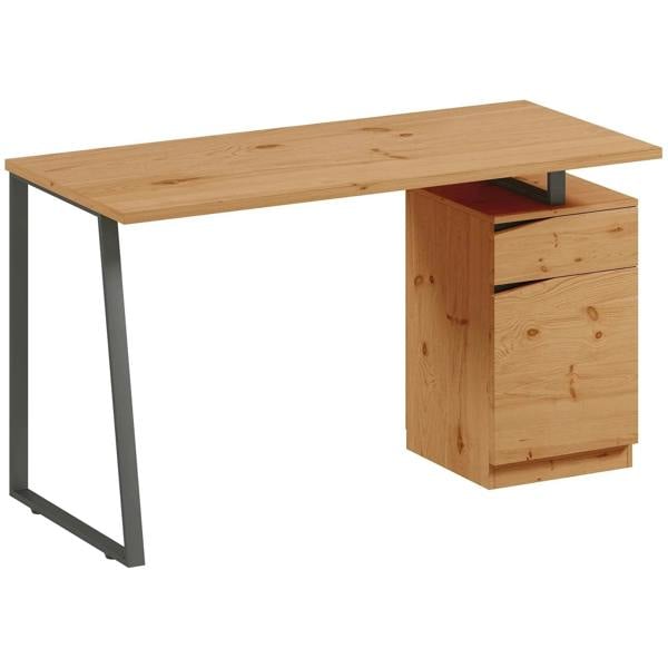 Wood writing desk with cabinet drawer and metal legs, natural finish.