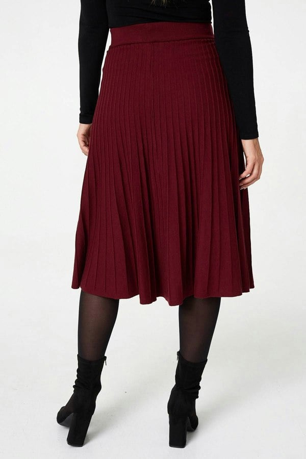 Red | High Waist Pleated Knit Midi Skirt
