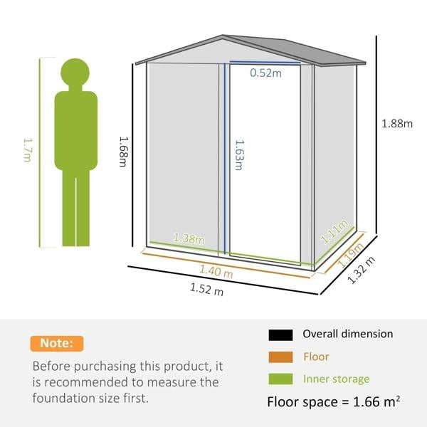 Green metal shed size diagram with labeled dimensions and floor space