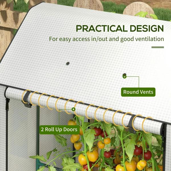 Mini greenhouse roll-up door with round vents, white cover on metal frame
