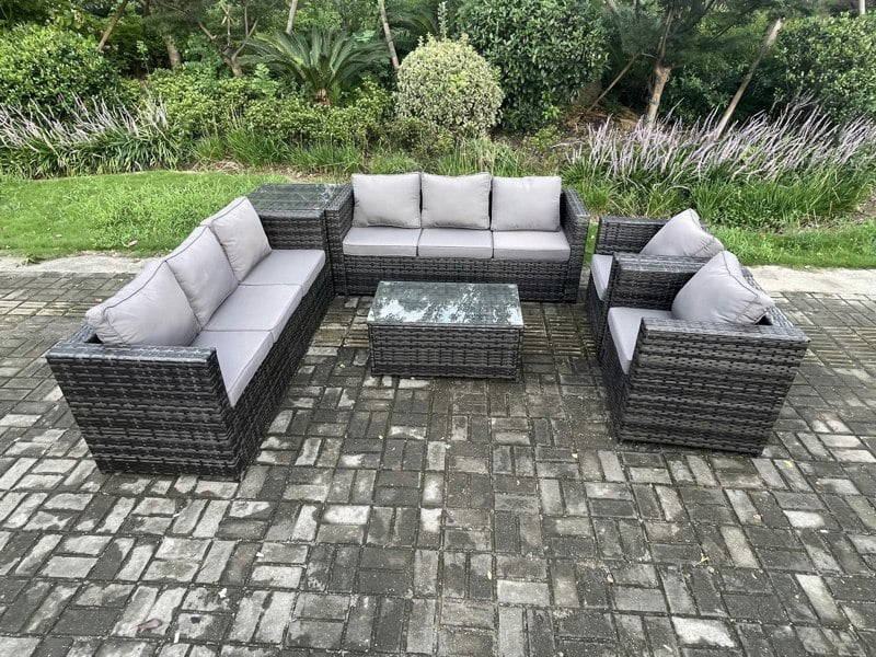 Fimous 8 Seater Outdoor Lounge Sofa Set Wicker PE Rattan Garden Furniture Set with 2 Armchair Oblong Coffee Table Side Table Dark Grey Mixed
