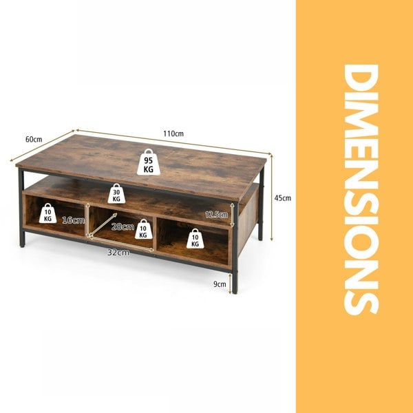 Rafaelo Mobilia Industrial Wooden Coffee Table With Storage Shelves