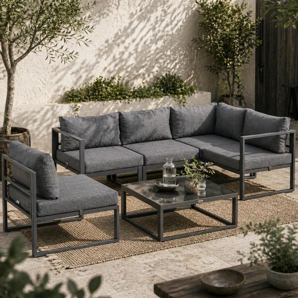 Wyld Haus Dokase 5 Seater Grey Outdoor Corner Sofa Set with Coffee Table and Chair Aluminium Framae