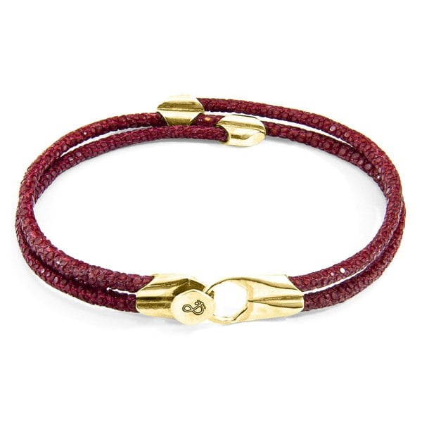 Anchor & Crew Bordeaux Red Conway 9ct Yellow Gold and Stingray Leather Bracelet