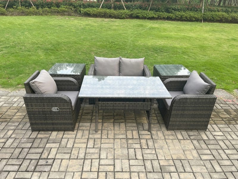 Fimous Outdoor Rattan Garden Furniture Lounge Sofa Set With Oblong Rectangular Dining Table 2 PC Reclining Chair 2 PC Side Tables