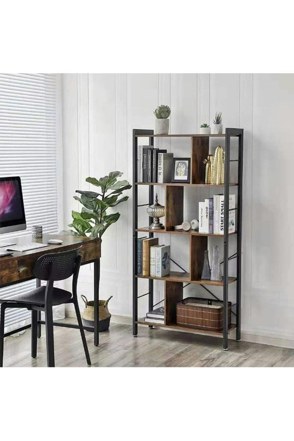Living and Home Industrial Style 5 Tier Bookcase Metal Frame